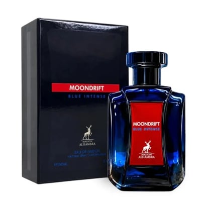 Maison Alhambra Moondrift Blue Intense 100ml Alhambra — A blue glass perfume bottle with a red label and a matching blue box with a red label, both featuring a deer logo and text. | Maison Alhambra Moondrift Blue Intense 100ml Alhambra — Botol kaca biru dengan label merah dan kotak biru sepadan dengan label merah