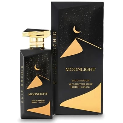Gulf Orchid Moonlight Eau De Parfum — Black bottle with gold desert dunes and crescent moon design, gold cap | Gulf Orchid Moonlight Eau De Parfum — Botol hitam dengan reka bentuk bukit pasir emas dan bulan sabit, penutup emas