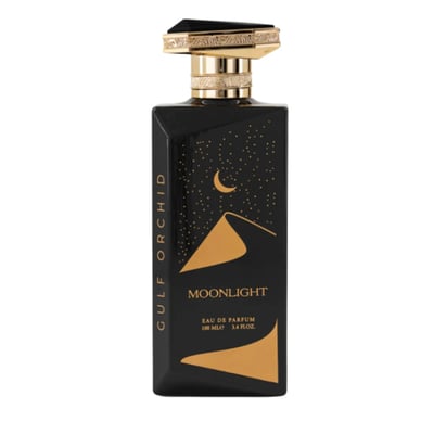 Gulf Orchid Moonlight Eau De Parfum — Black bottle with gold desert dunes and crescent moon design, gold cap | Gulf Orchid Moonlight Eau De Parfum — Botol hitam dengan reka bentuk bukit pasir emas dan bulan sabit, penutup emas