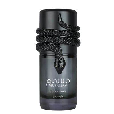 Lattafa Musamam Black Intense — A black snake coiled around the cap of a dark glass perfume bottle, resting on a textured black stand with a snake-skin pattern. | Lattafa Musamam Black Intense — Seekor ular hitam melingkar di sekeliling penutup botol minyak wangi kaca gelap, diletakkan di atas tapak hitam bertekstur
