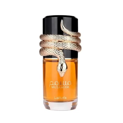Lattafa Musamam Eau De Parfum 100ml by Lattafa — A gold snake wraps around a clear glass perfume bottle filled with amber liquid, next to a textured brown cylindrical box. | Lattafa Musamam Eau De Parfum 100ml by Lattafa — Ular emas melilit botol minyak wangi kaca jernih berisi cecair ambar, bersebelahan kotak