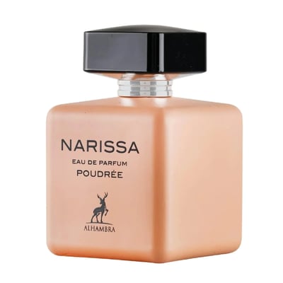 Maison Alhambra Narissa Poudree 100ml — A square, peachy-pink perfume bottle with a black cap sits next to its matching box, both featuring a deer silhouette logo and text. | Maison Alhambra Narissa Poudree 100ml — Botol minyak wangi berbentuk segi empat, berwarna merah jambu pic dengan penutup hitam duduk