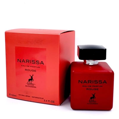 Maison Alhambra Narissa Ruby Rouge Maison Alhambra 100ml — A red perfume bottle and its matching red box are displayed against a white background. | Maison Alhambra Narissa Ruby Rouge Maison Alhambra 100ml — Sebotol minyak wangi merah dan kotak merah yang sepadan dipaparkan berlatarkan putih.