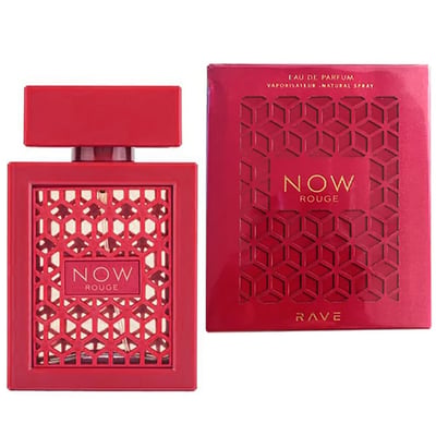 Rave Now Rouge Perfume EDP 100ml by RAVE — A red box with a geometric pattern sits next to an orange perfume bottle with a similar geometric cutout design. | Rave Now Rouge Perfume EDP 100ml by RAVE — Kotak merah dengan corak geometri terletak di sebelah botol minyak wangi oren dengan reka bentuk potongan geometri