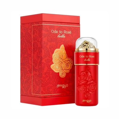 Zimaya Ode to Rose Bella Eau De Parfum — A red perfume bottle with embossed roses and a gold-accented clear cap sits next to its matching red patterned gift box with embossed gold roses. | Zimaya Ode to Rose Bella Eau De Parfum — Botol minyak wangi merah dengan bunga ros timbul dan penutup jernih beraksen emas