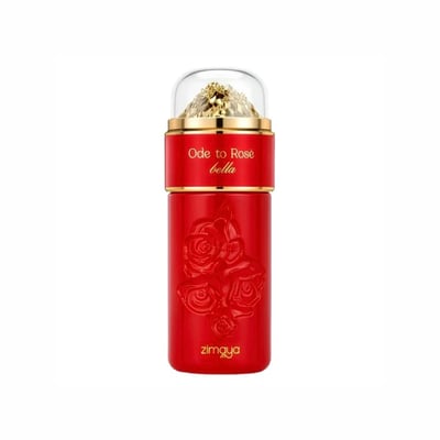 Zimaya Ode to Rose Bella Eau De Parfum — A red perfume bottle with embossed roses and a gold-accented clear cap sits next to its matching red patterned gift box with embossed gold roses. | Zimaya Ode to Rose Bella Eau De Parfum — Botol minyak wangi merah dengan bunga ros timbul dan penutup jernih beraksen emas