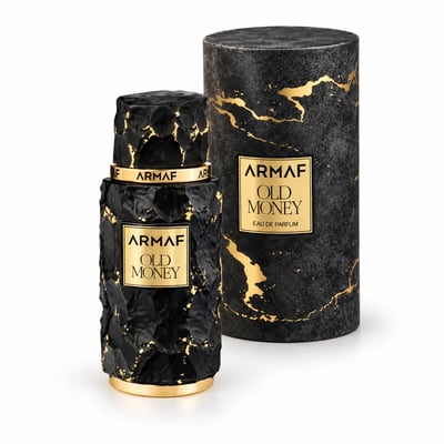 Armaf Old Money by Armaf 100ml EDP Unisex — Black textured bottle with gold accents and matching cylindrical box with gold marble pattern
