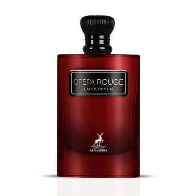 Maison Alhambra Opera Rouge — A deep red, rectangular perfume bottle with a black textured cap and a silver label reading "OPERA ROUGE EAU DE PARFUM" and a deer logo below, stands next to its matching black and red box. | Maison Alhambra Opera Rouge — Botol minyak wangi berbentuk segi empat berwarna merah pekat dengan