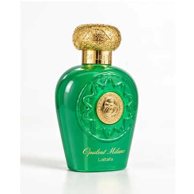 Lattafa Opulent Milano — Green glass perfume bottle with ornate gold cap and embossed gold emblem, next to a matching green textured box with gold emblem.