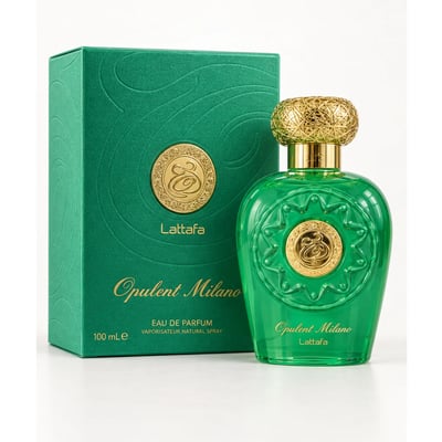 Lattafa Opulent Milano — Green glass perfume bottle with ornate gold cap and embossed gold emblem, next to a matching green textured box with gold emblem.