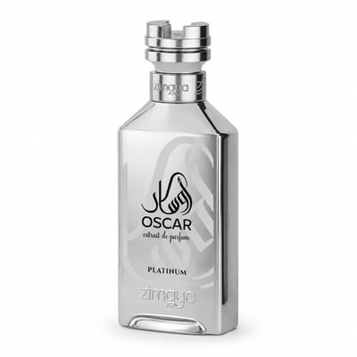 Zimaya Oscar Platinum — Silver perfume bottle and its grey textured box packaging, both featuring black Arabic calligraphy and text.