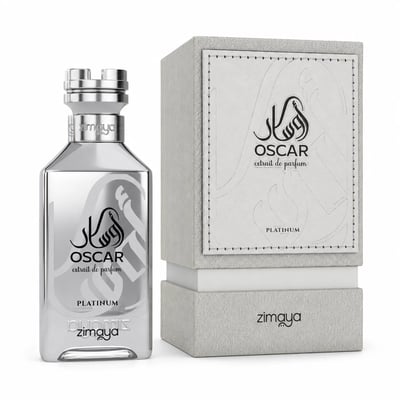 Zimaya Oscar Platinum — Silver perfume bottle and its grey textured box packaging, both featuring black Arabic calligraphy and text.