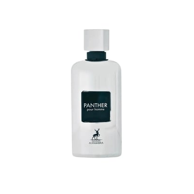 Maison Alhambra Panther Pour Homme — White glass perfume bottle with a dark label and a white box with embossed text and a deer logo. | Botol minyak wangi kaca putih Maison Alhambra Panther Pour Homme dengan label gelap dan kotak putih bertekstur timbul serta logo rusa.