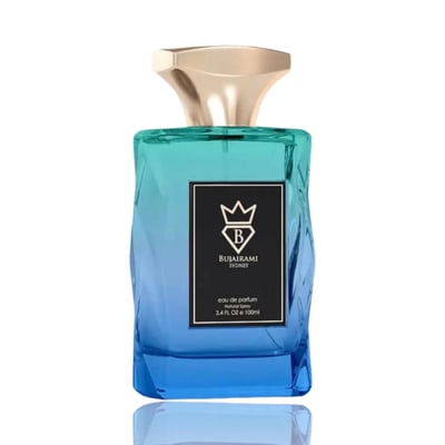 Bujairami Perfect Life — Blue glass perfume bottle with gold cap next to matching blue box with gold logo.