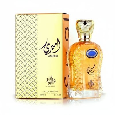 Ameeri perfume bottle and packaging on a white background