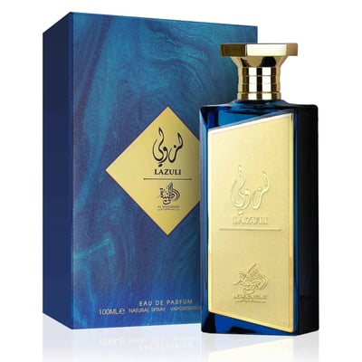 Blue and gold Lazuli perfume bottle and packaging on a white background
