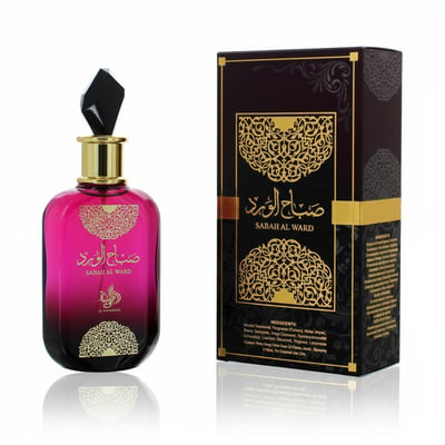 Perfume bottle and packaging with intricate design on a white background