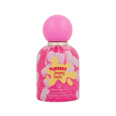 Pink perfume bottle with 'Tubbees Dreamy Treats' on a white background