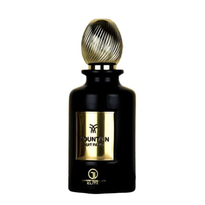 Perfume bottle with gold and black design on a decorative background
