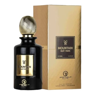 Perfume bottle and packaging of Mountain Nuit Paris on a white background