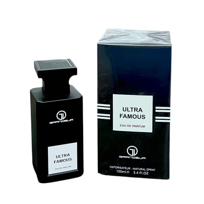 Perfume bottle and packaging of Ultra Famous Eau de Parfum on a white background