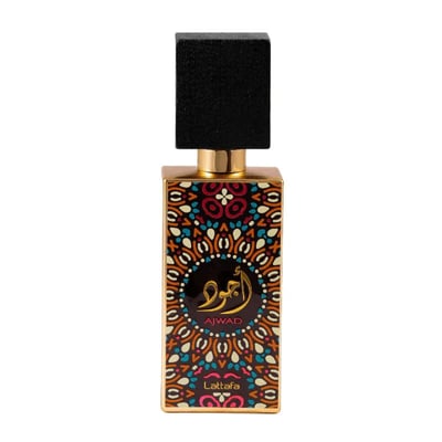 Perfume bottle with colorful design and black cap on a white background