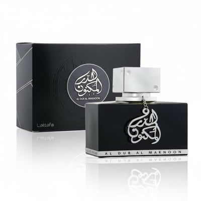 Perfume bottle and packaging of Al Dur Al Maknoon by Lattafa on a white background
