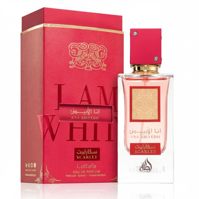 Red perfume bottle and packaging with 'Lattaafa' branding on a white background