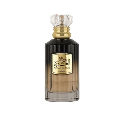 Perfume bottle with gold cap and label on a white background