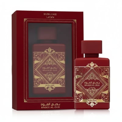 Red perfume bottle with gold designs and matching packaging on a white background