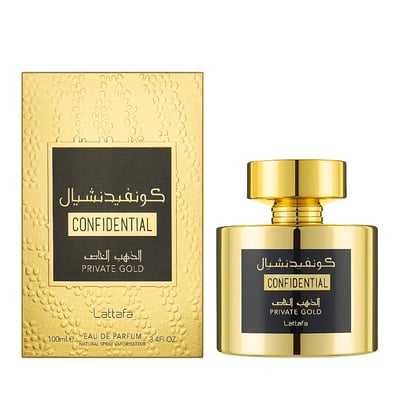 Gold perfume bottle and packaging of Confidential Private Gold by Lattafa on a white background