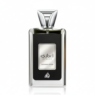 Perfume bottle with silver cap and black body on a white background
