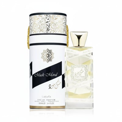 Perfume bottle and packaging with 'Musk Mood' branding on a white background