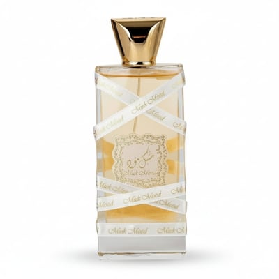 Perfume bottle with gold cap and decorative label on a white background