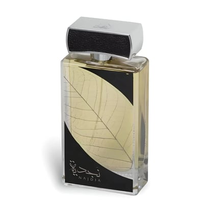 Perfume bottle with leaf design on a white background