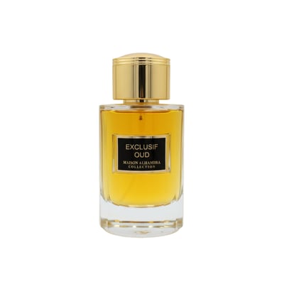 Perfume bottle labeled 'Exclusif Oud' from Maison Alhambra Collection on a white background