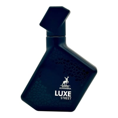 Dark blue perfume bottle with 'Luxe Street' branding on a white background