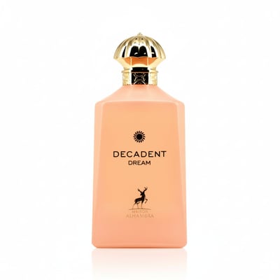 Perfume bottle labeled 'Decadent Dream' with a gold cap on a white background