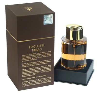 Perfume bottle labeled 'Exclusif Tabac' with its packaging on a white background