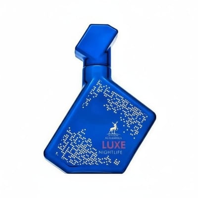 Blue perfume bottle with 'Luxe Nightlife' text on a white background