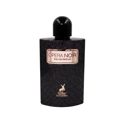 Black perfume bottle labeled 'Opera Noir' by Maison Alhambra on a white background