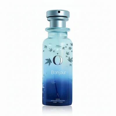 Blue perfume bottle with floral design on a white background