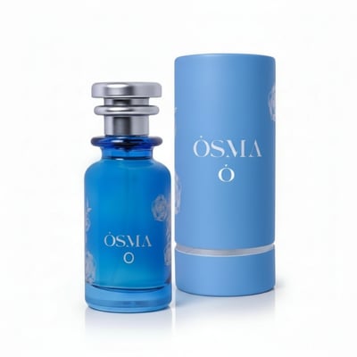 Blue perfume bottle and cylindrical container with 'OSMA' branding on a white background