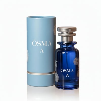 Osmia perfume bottle and packaging on a table with a blurred background