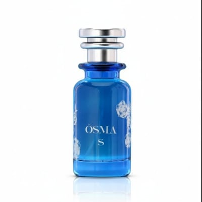 Blue perfume bottle with silver cap on a white background