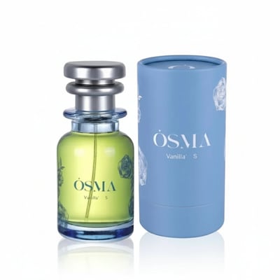 Perfume bottle and blue cylindrical container with 'OSMA' branding on a light gray background