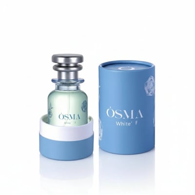 OSMA White F perfume bottle and packaging on a light gray background