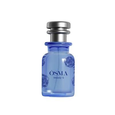 Blue perfume bottle with silver cap on a white background