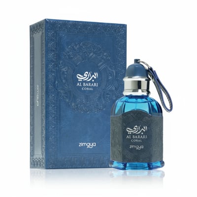 Blue perfume bottle with matching packaging on a white background
