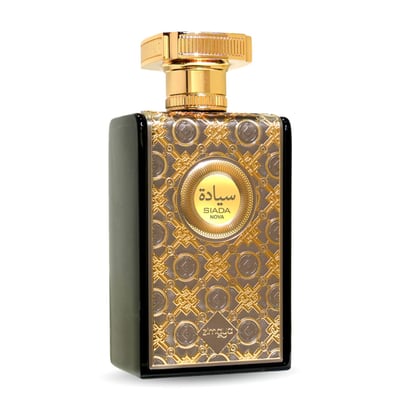 Perfume bottle with gold and black design on a white background